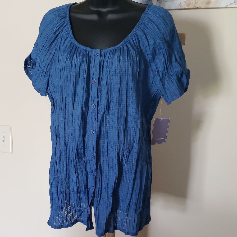 Laura Scott Blue Crinkled Button-Front Short Sleeve Blouse